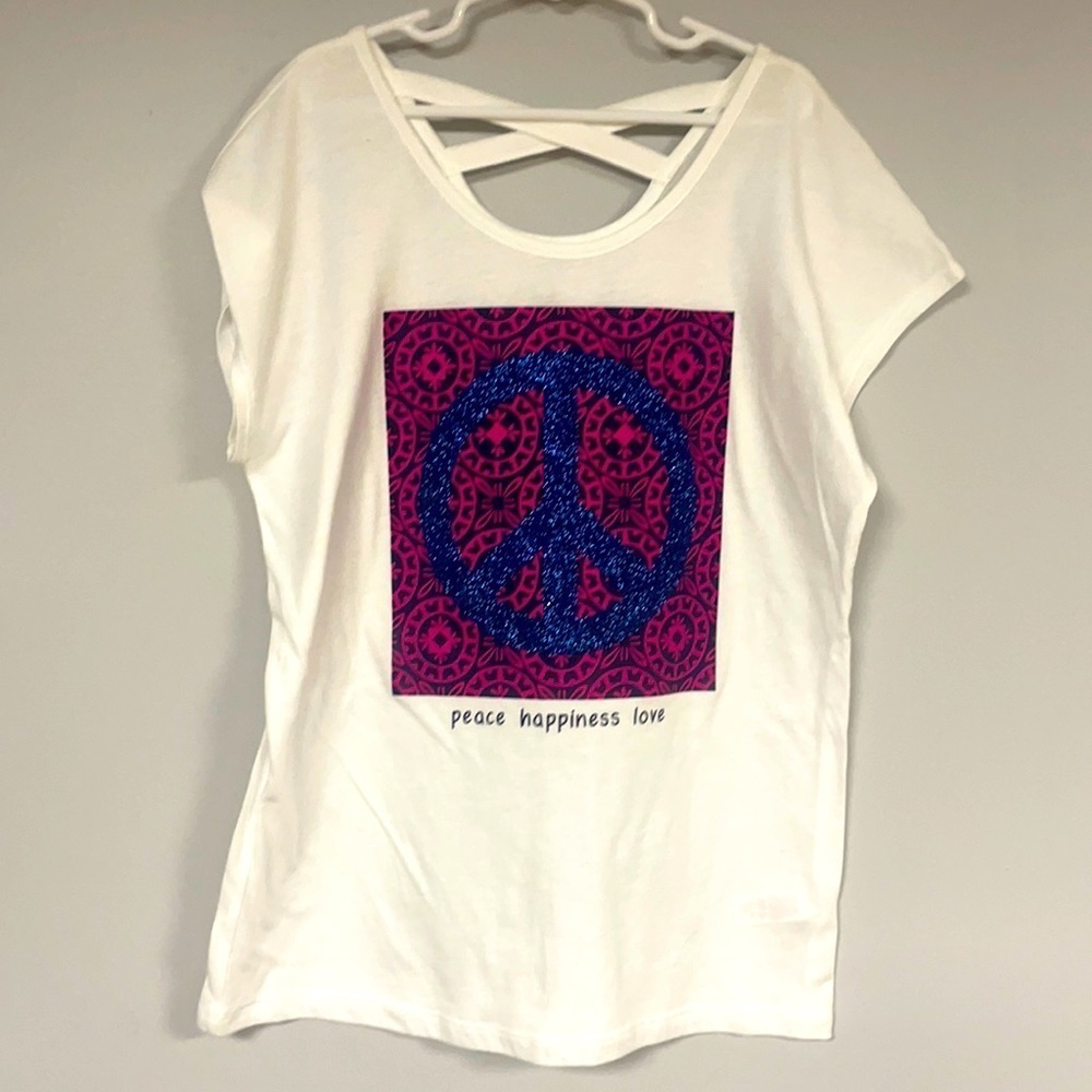 Girl's Large, Justice white graphic Tee, Peace happiness love, NWOT, Glitter